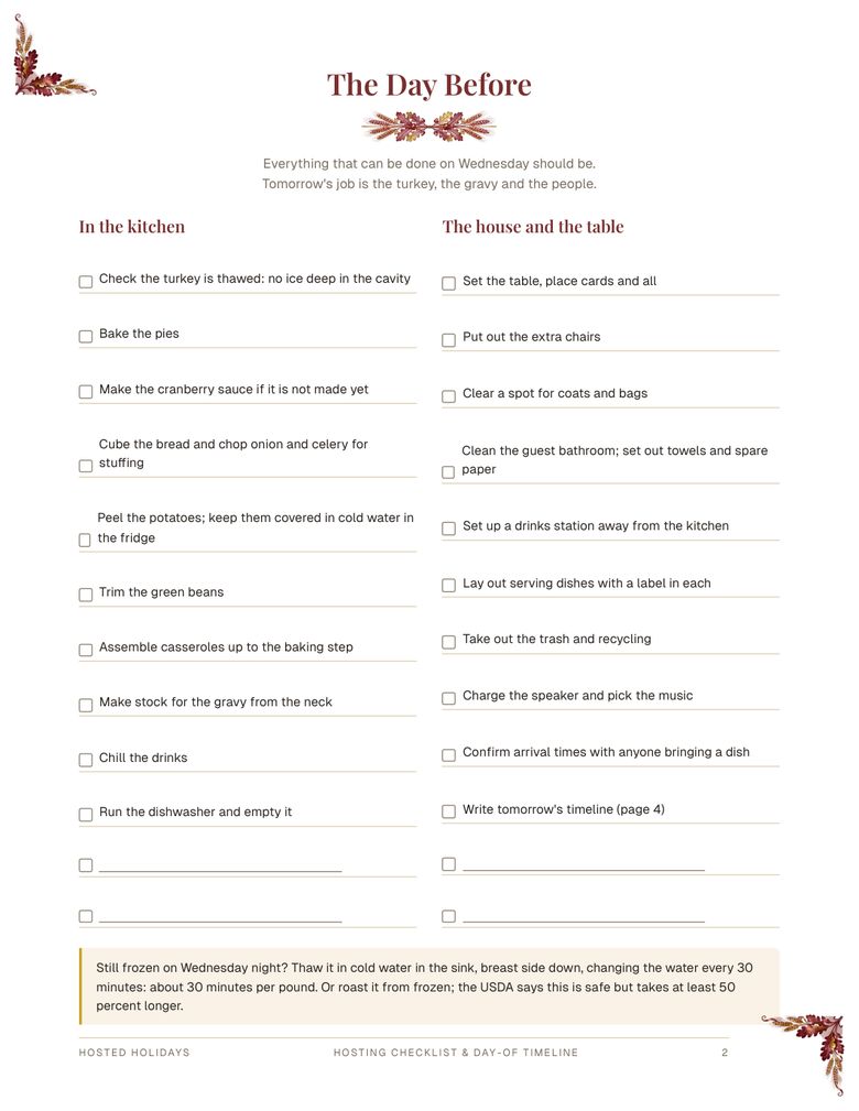 A page from the Hosting Checklist & Day-Of Timeline